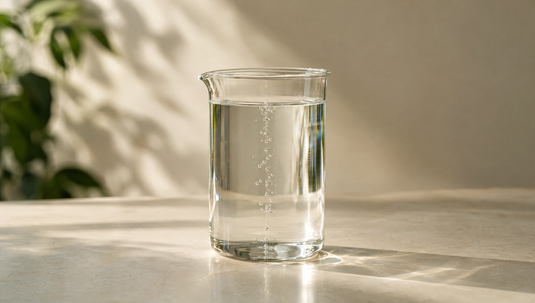 A fine stream of bubbles rising through a glass beaker of water on a pale bench