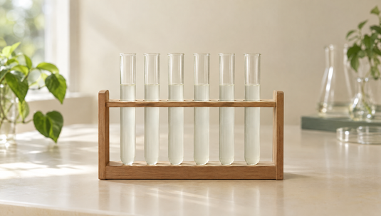 A wooden rack of glass culture tubes on a pale laboratory bench