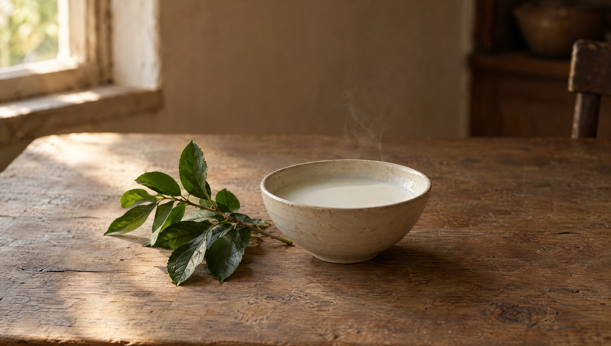 A cut leafy branch beside a shallow bowl of warm milk on a wooden table