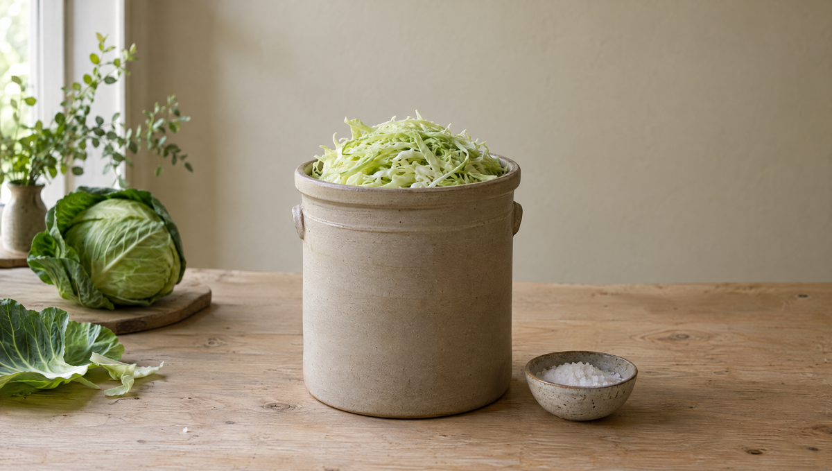 Shredded cabbage packed into a stoneware fermentation crock beside a dish of salt