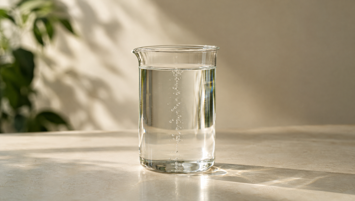 A fine stream of bubbles rising through a glass beaker of water on a pale bench