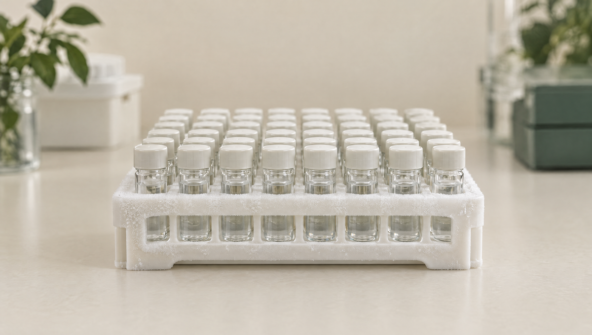 Rows of small capped glass vials in a white storage rack
