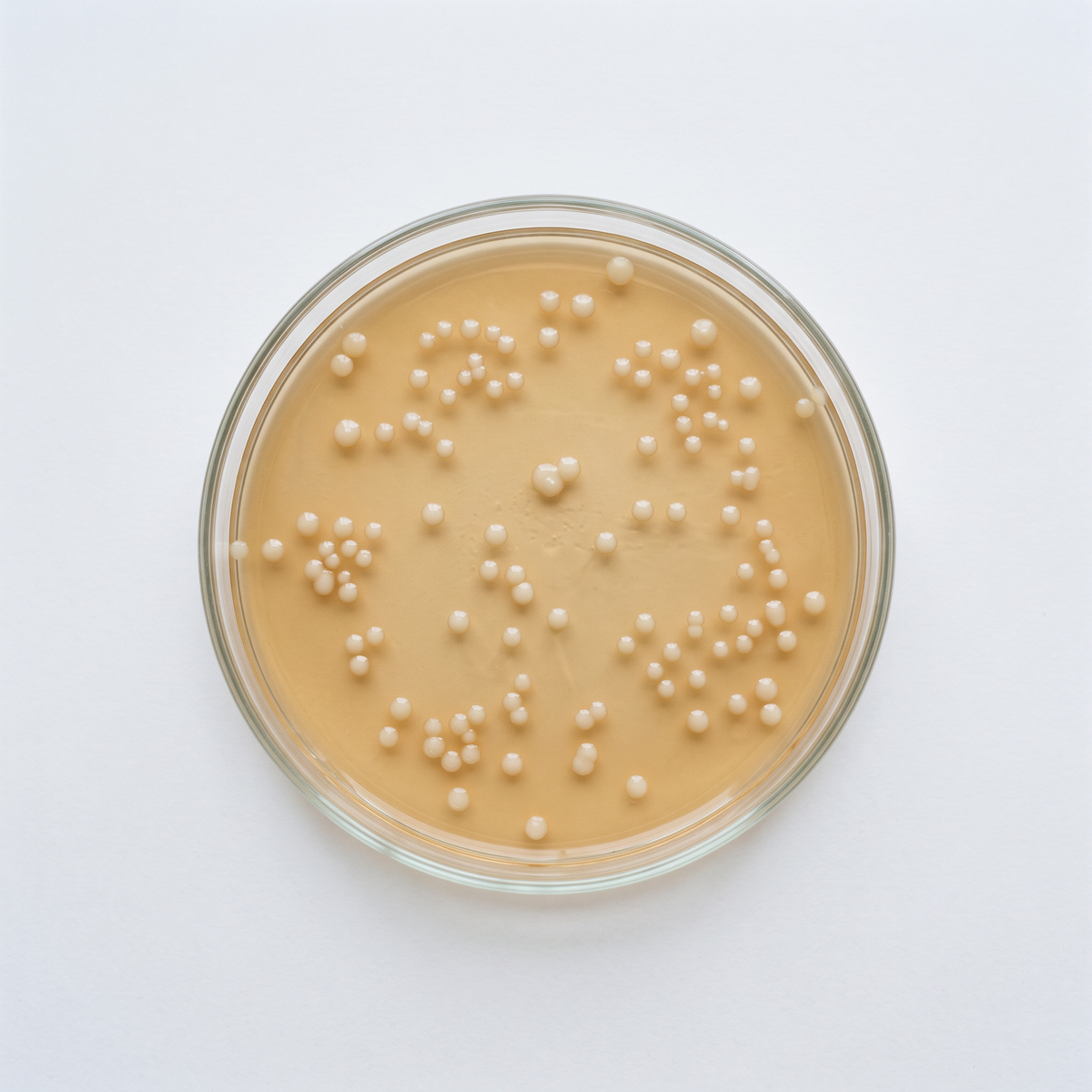 A petri dish of amber agar scattered with pale round bacterial colonies, photographed from directly above.