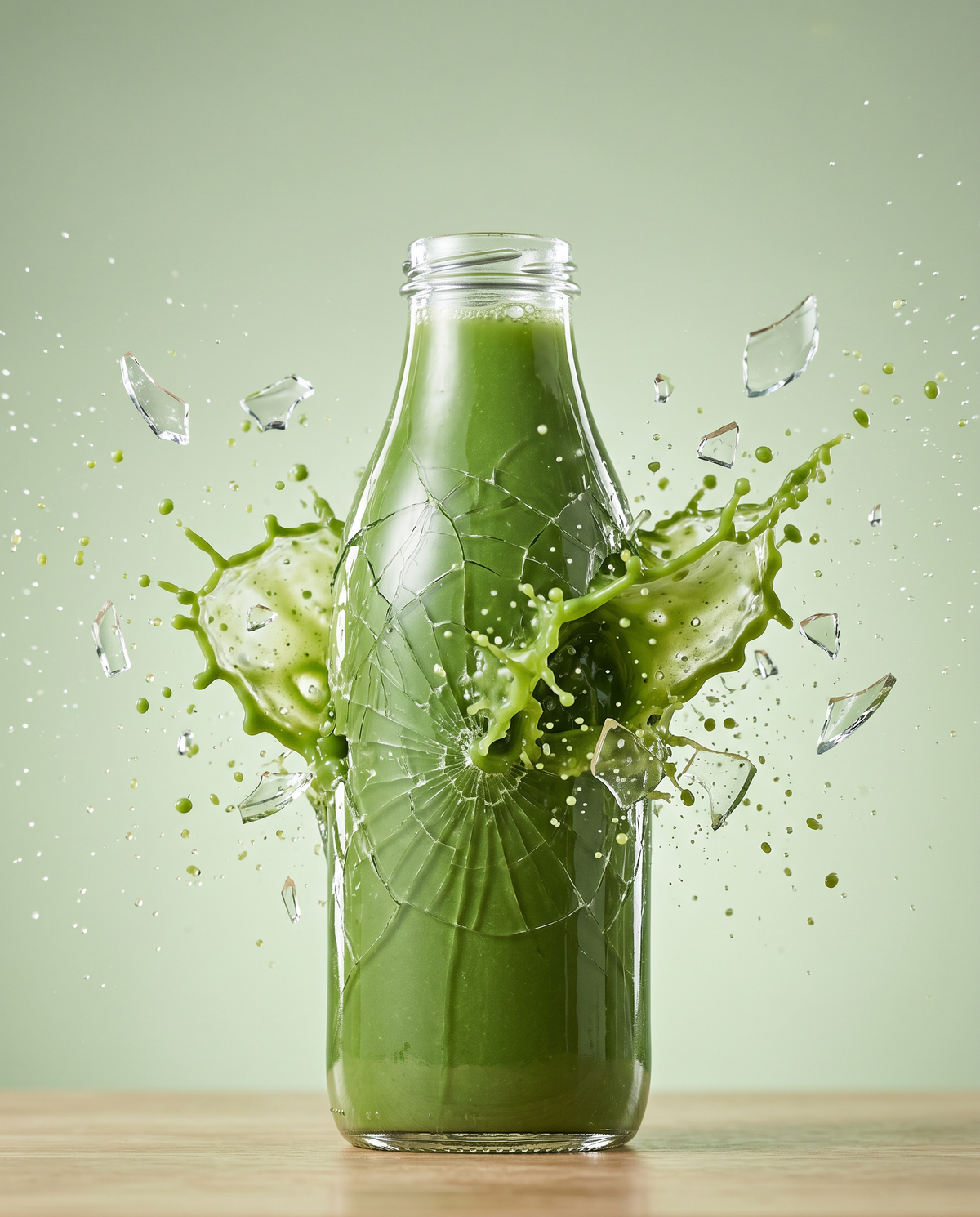 A glass bottle of green juice bursting, shattered glass and juice thrown outward