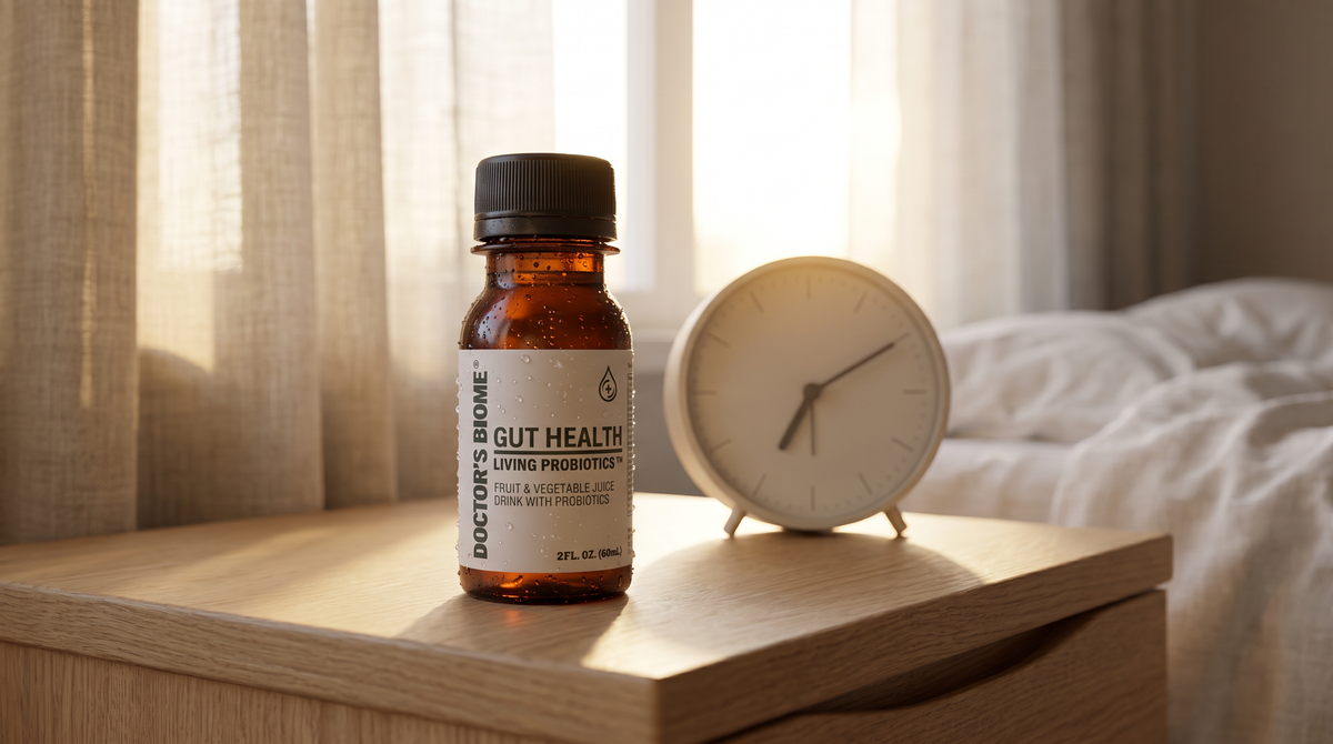 A bottle of Doctor’s Biome standing beside a clock showing morning, on a kitchen counter in early light.