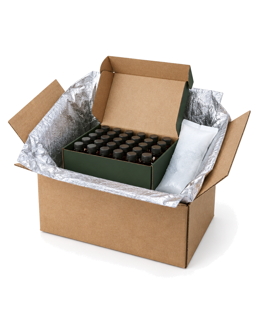 An open shipping carton lined with foil insulation, holding a dark green tray of amber bottles beside a frozen gel pack.