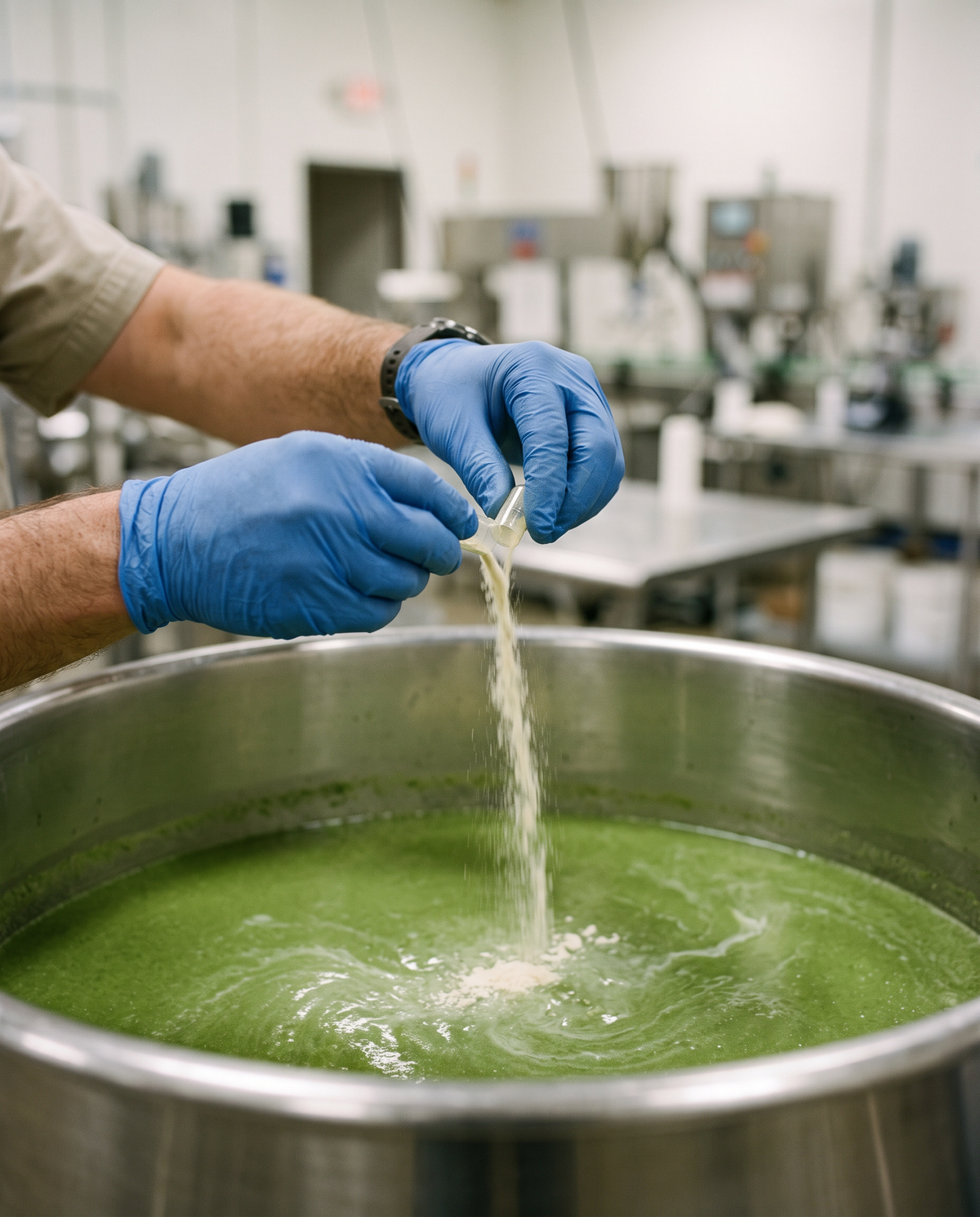 Gloved hands tipping a sachet of pale culture powder into a steel tank of green pressed juice