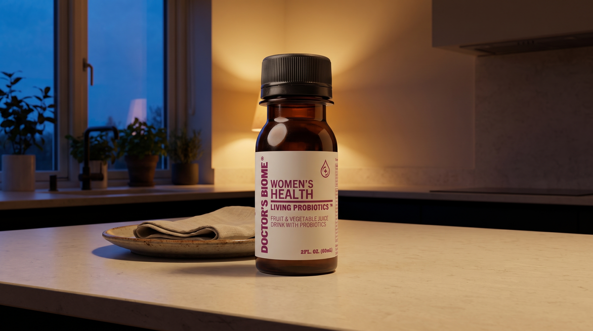 A bottle of Doctor’s Biome on a kitchen counter at dusk, lit by a warm lamp.
