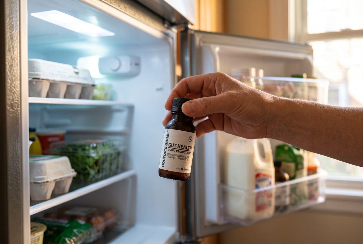 A hand lifting a cold bottle of Doctor's Biome Gut Health from an open refrigerator door in morning light