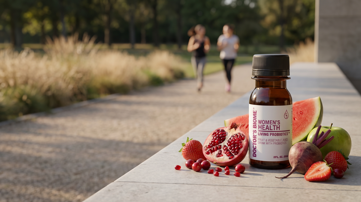 A Doctor's Biome Women's Health living probiotic shot on a sunlit path, beside the pomegranate, watermelon, strawberry, cranberry, beet and apple its juice base is pressed from