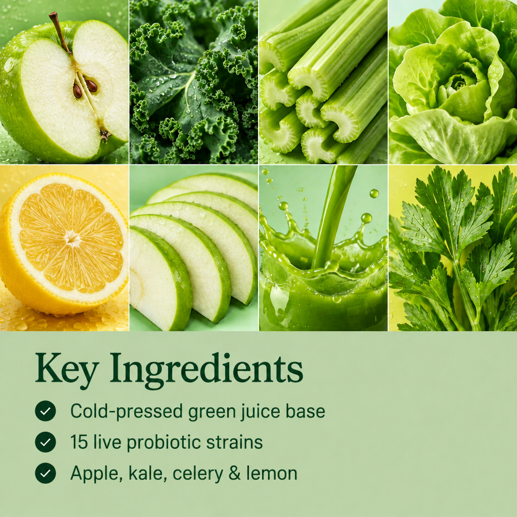 Key ingredients: cold-pressed green juice base, 15 live probiotic strains, apple, kale, celery and lemon.