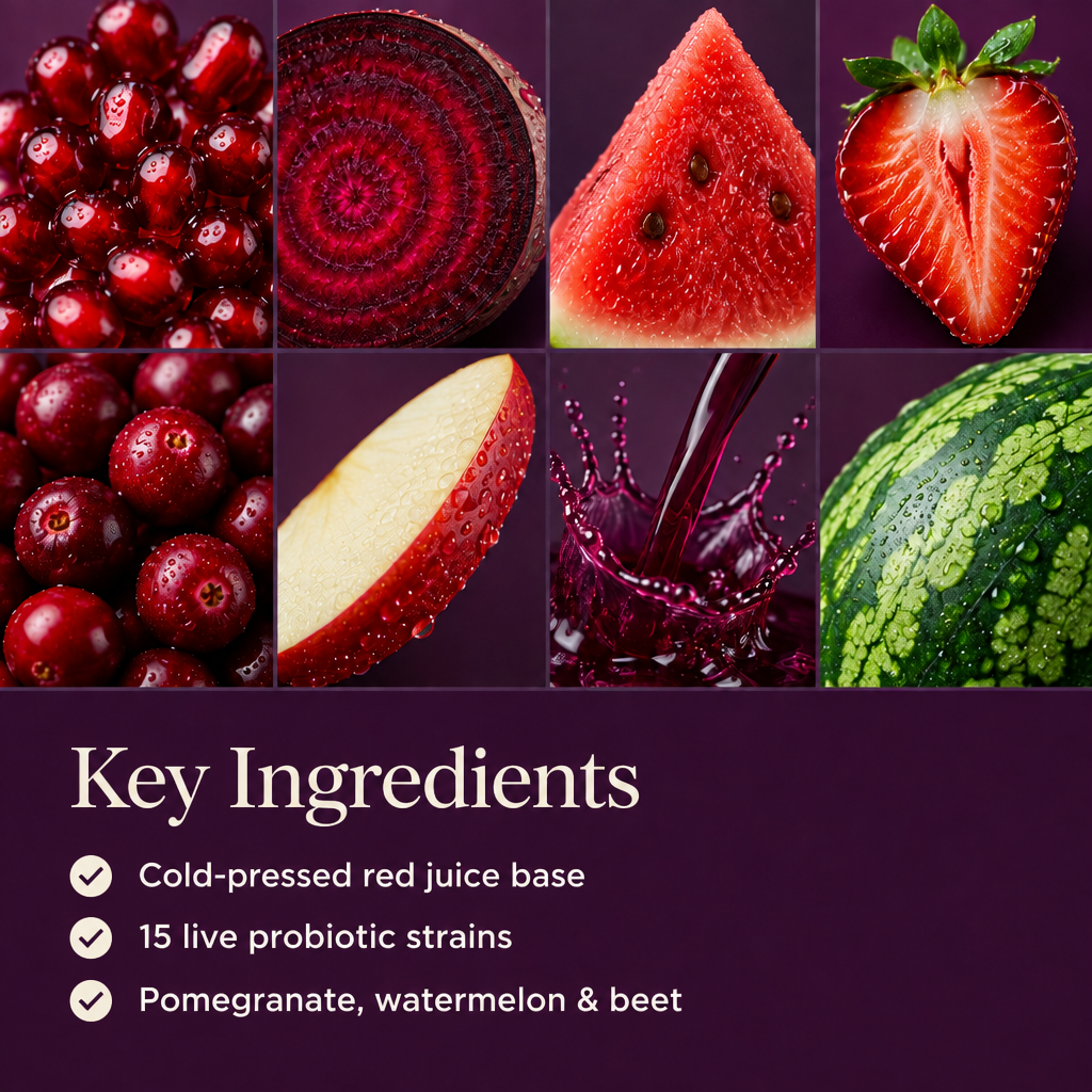 Key ingredients: cold-pressed red juice base, 15 live probiotic strains, pomegranate, watermelon and beet.