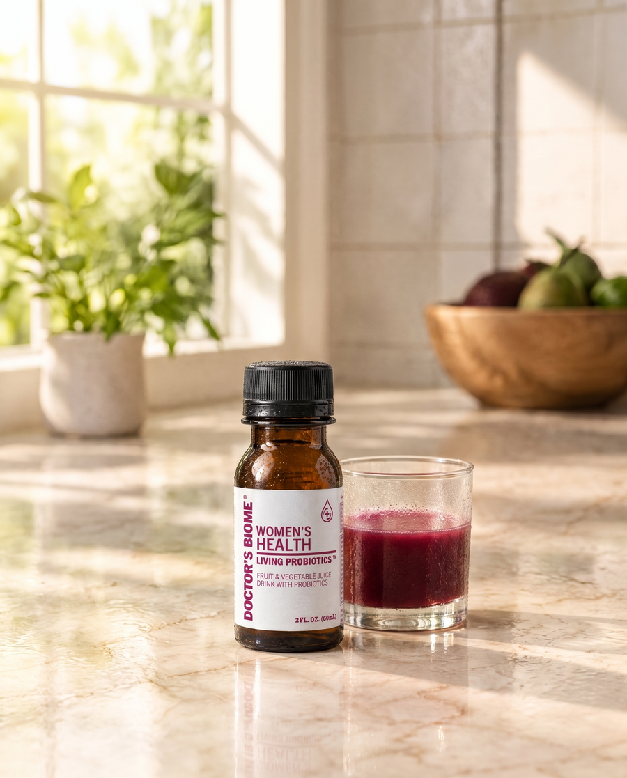 A bottle of Doctor’s Biome Women’s Health beside a glass of poured red juice on a marble counter.