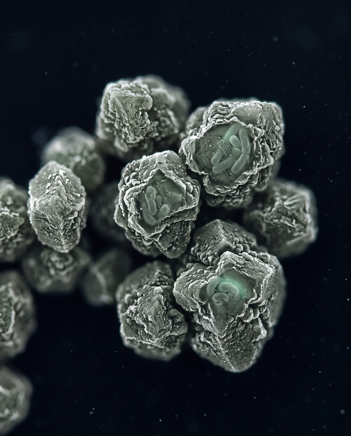 Dark-field microscopy view of bacteria enclosed inside dry, crystalline husks