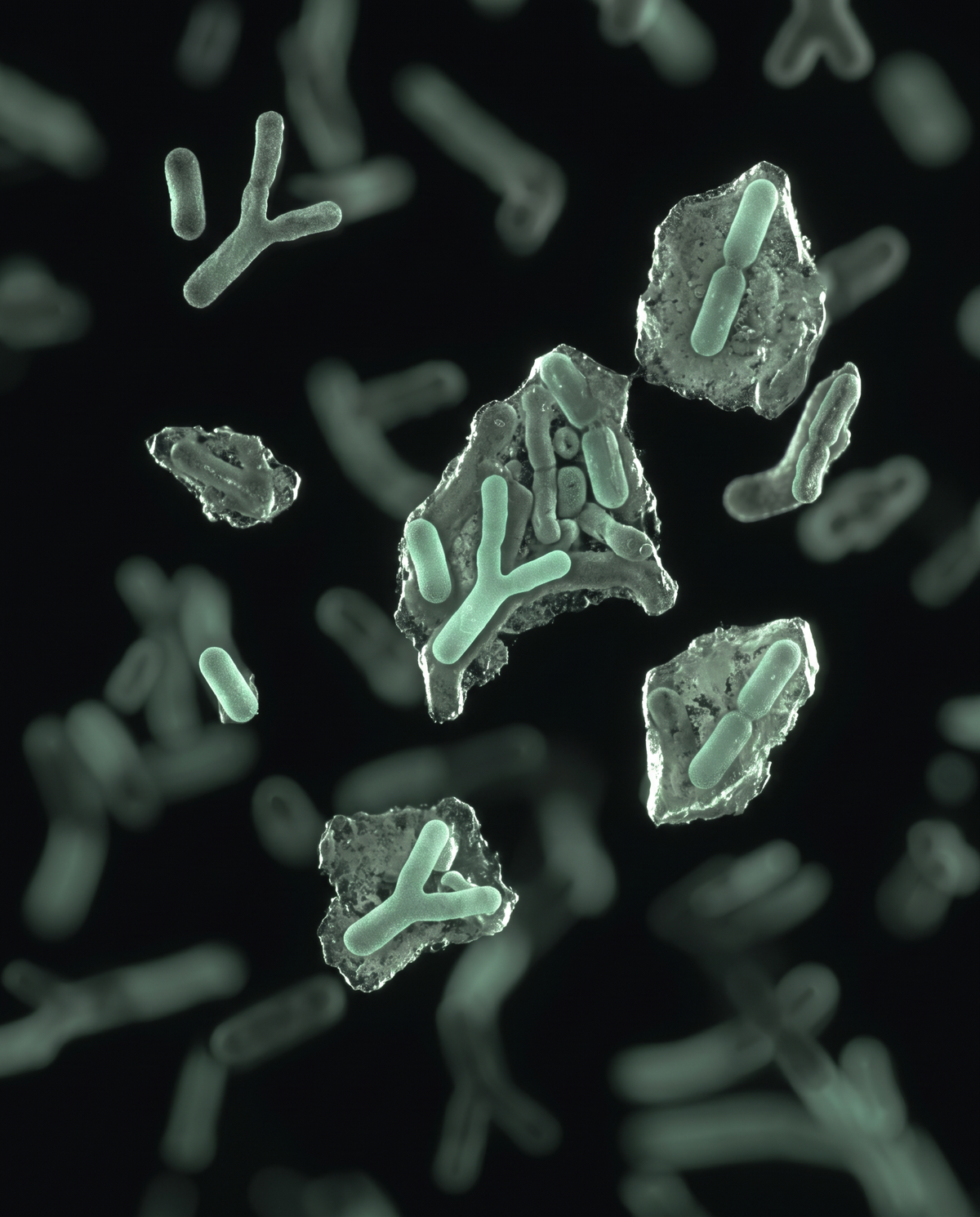 Dark-field microscopy view of rod-shaped and Y-shaped bacteria spread across fragments of plant fiber