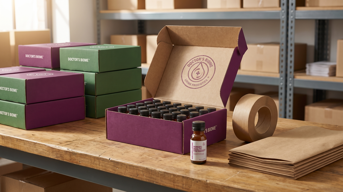 A packing bench with stacked Doctor’s Biome cases, an open case of bottles, kraft tape and paper.
