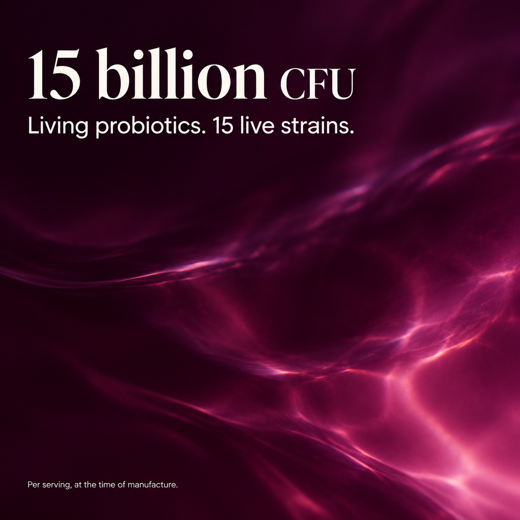 15 billion CFU. Living probiotics, 15 live strains. Per serving, at the time of manufacture.