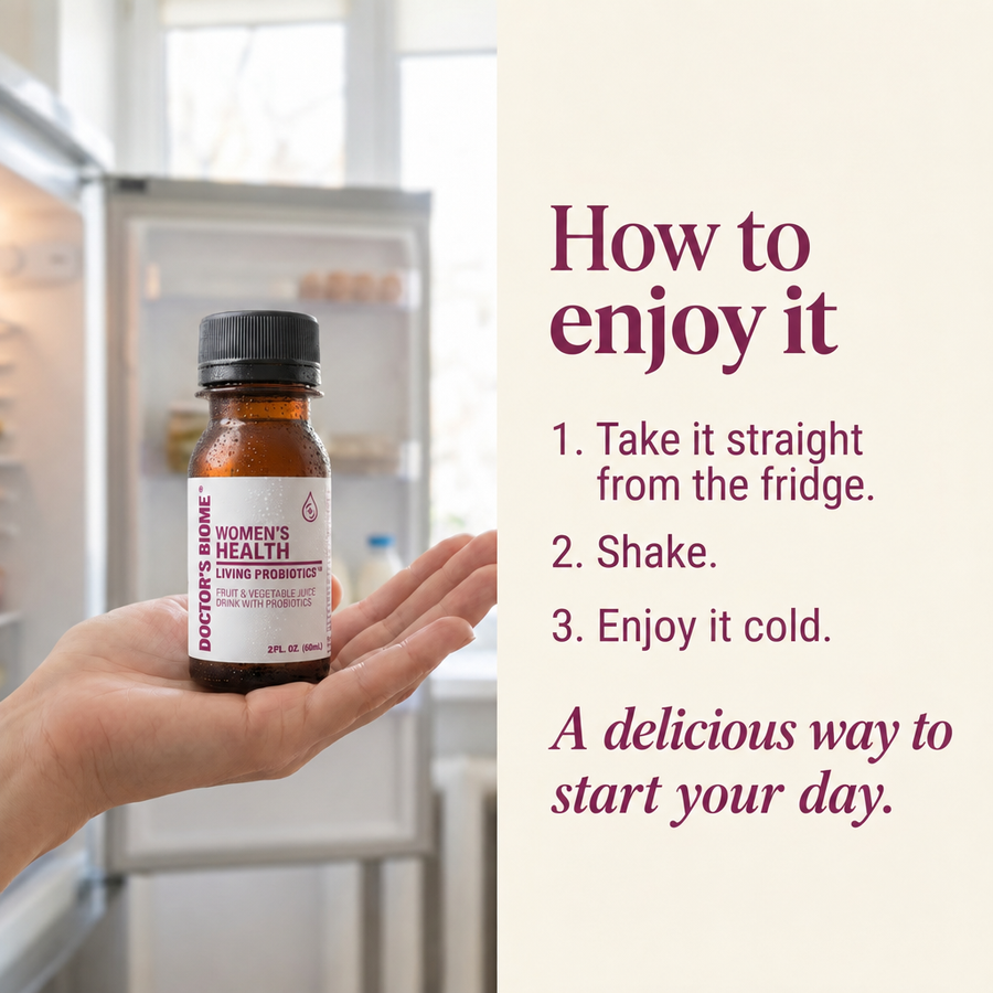 A hand holding a bottle of Women’s Health at an open refrigerator. How to enjoy it: take it straight from the fridge, shake, enjoy it cold.