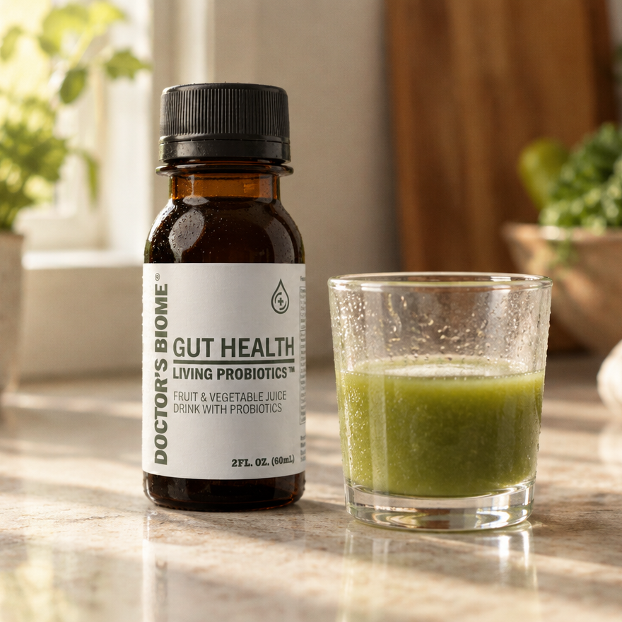 A bottle of Doctor’s Biome Gut Health beside a short glass of poured green juice on a sunlit kitchen counter.