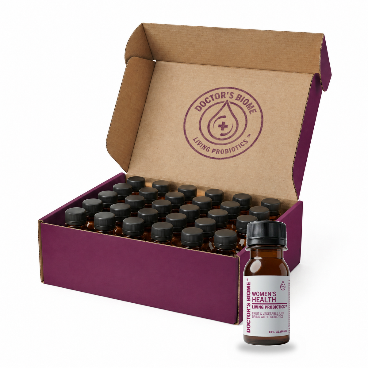 An open plum Doctor’s Biome mailer box packed with upright bottles of Women’s Health, the Living Probiotics emblem printed inside the lid.