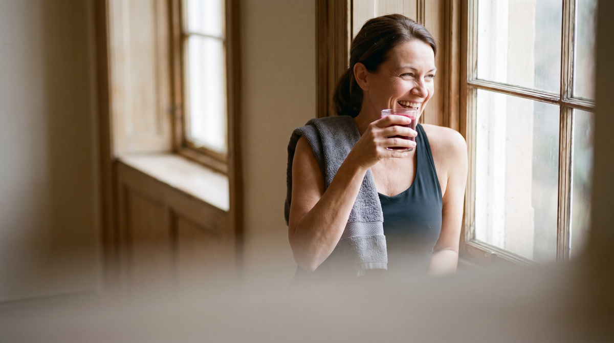 A woman laughing by a window after exercise, holding a glass of deep red juice with a towel over her shoulder.