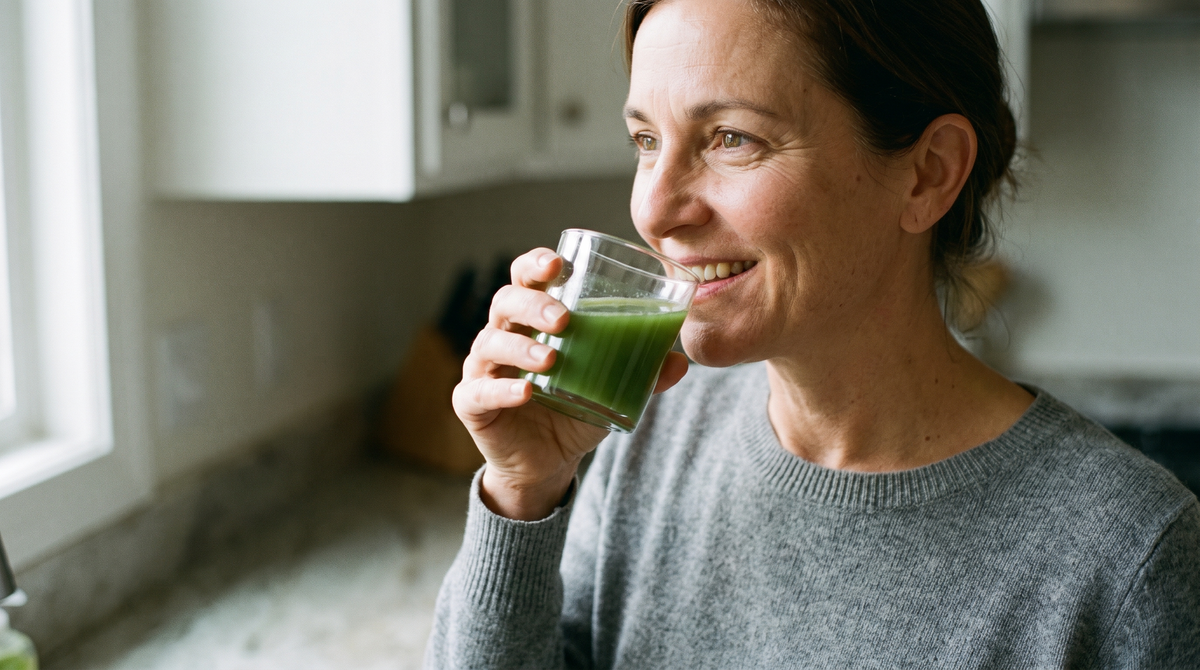 A woman at a sunlit kitchen counter drinking a glass of green juice, smiling and looking out of the window