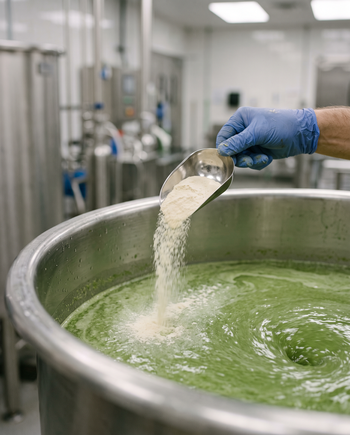 A gloved hand tipping a steel scoop of pale culture powder into a large tank of swirling green pressed juice in a production room