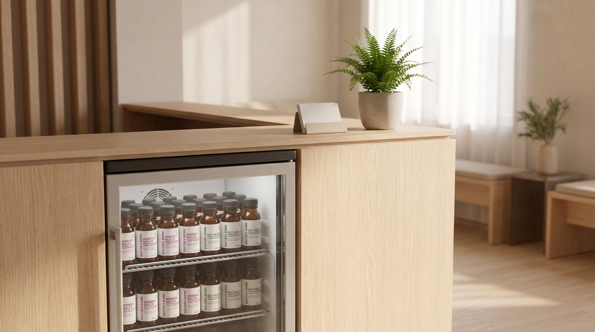 A glass-fronted refrigerator built into a wooden reception counter, stocked with bottles of Doctor’s Biome.