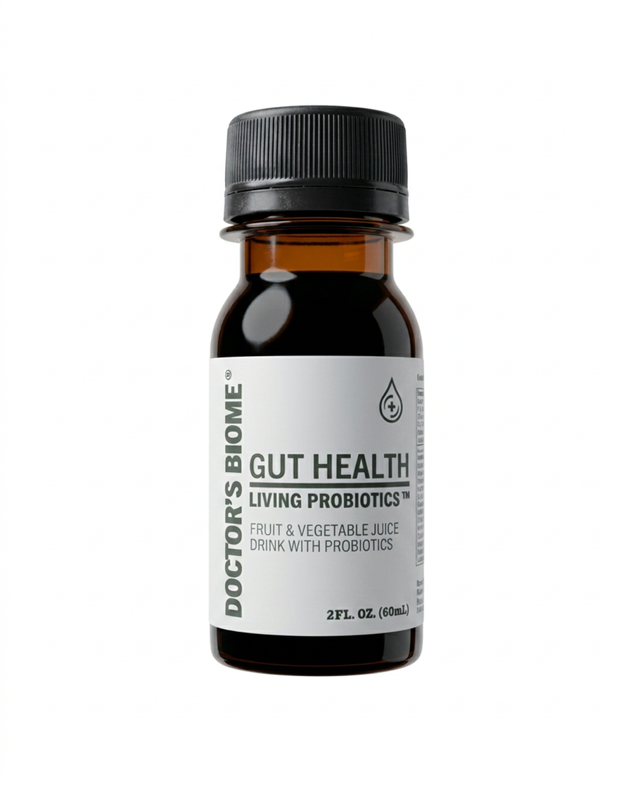 A bottle of Doctor’s Biome Gut Health on a plain background.