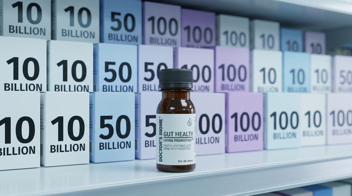 A retail shelf of probiotic boxes each printed with a large number, 10 billion, 50 billion, 100 billion, with one small bottle of Doctor's Biome Gut Health in front carrying no number