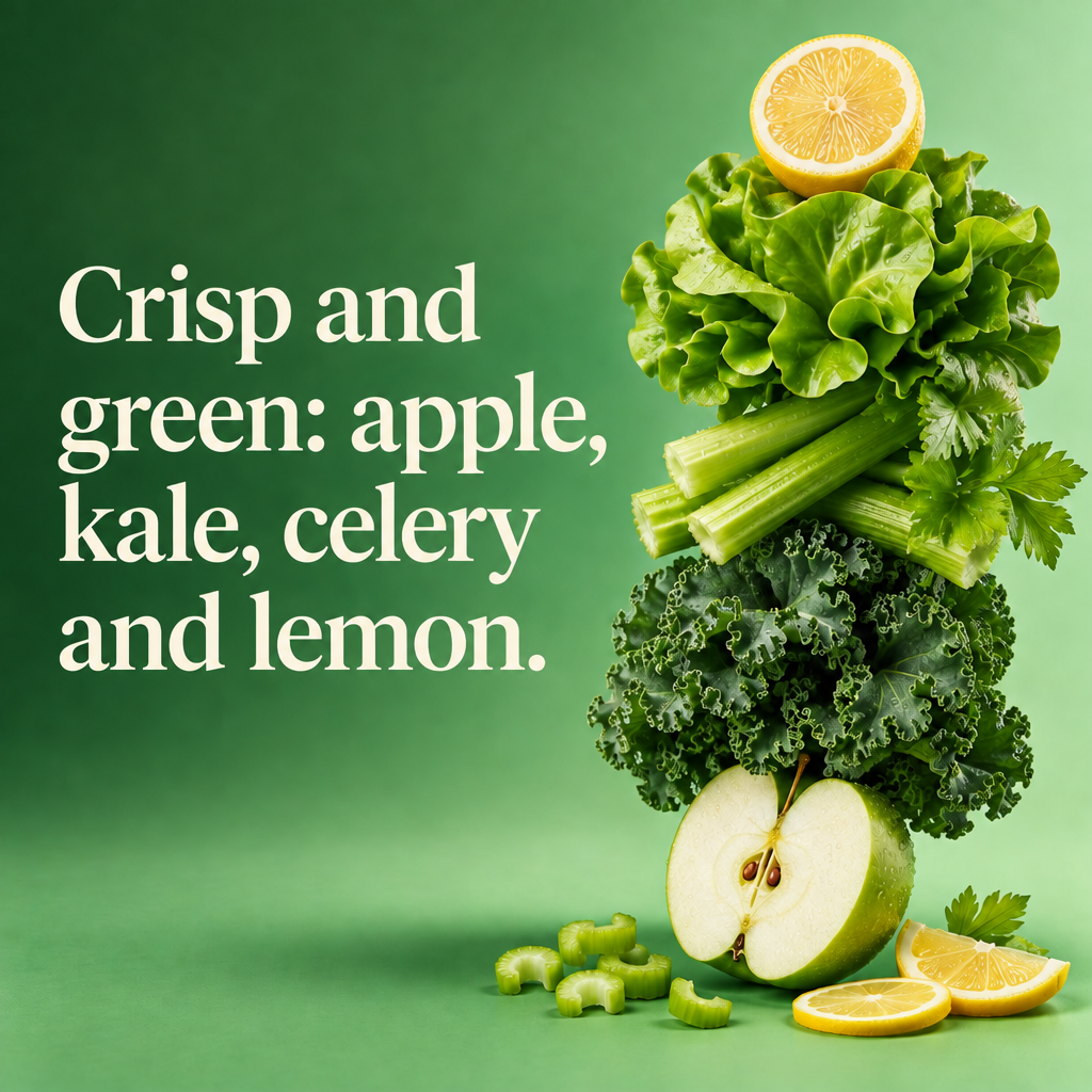 Crisp and green: apple, kale, celery and lemon, shown as a stack of the whole ingredients.