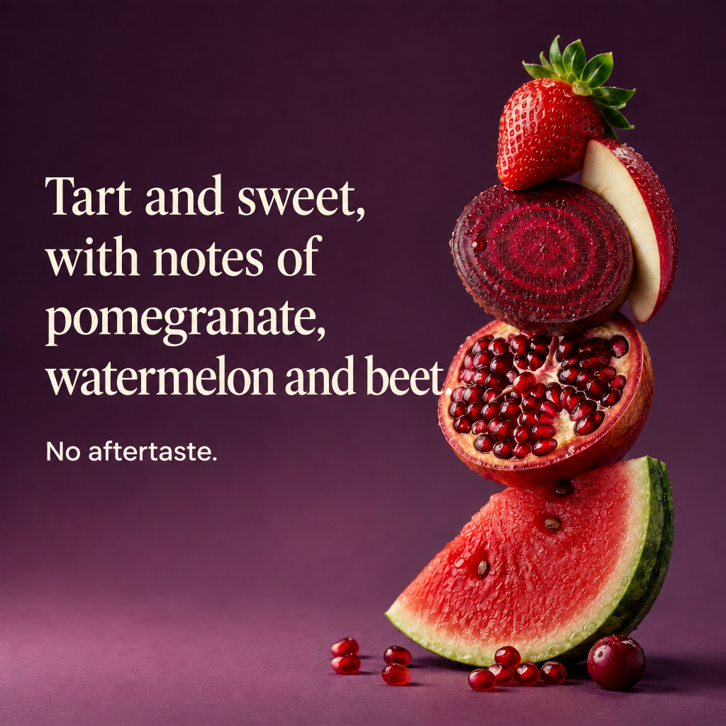Tart and sweet, with notes of pomegranate, watermelon and beet. No aftertaste.