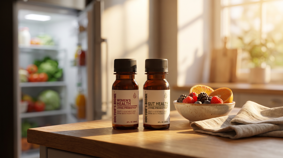 Bottles of Doctor’s Biome Women’s Health and Gut Health on a kitchen counter, with an open refrigerator of fresh produce behind them.