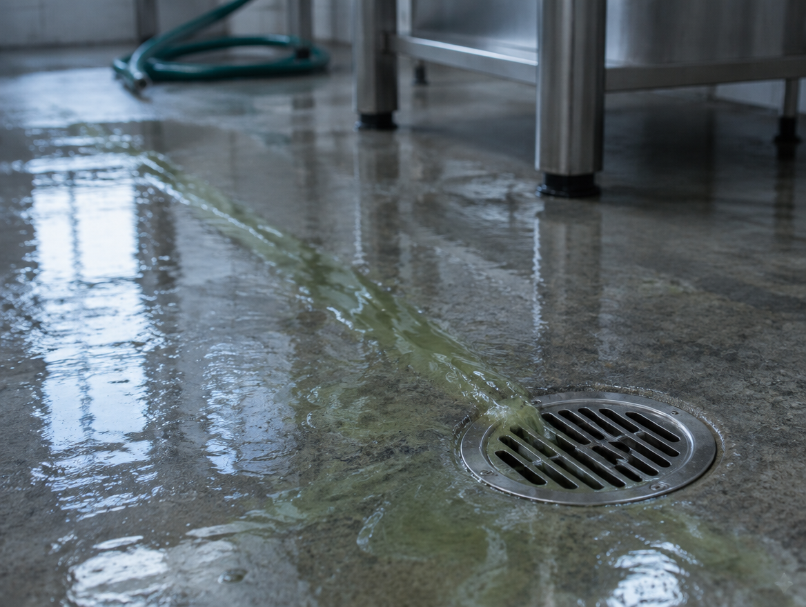 Pale green juice running across a wet plant floor into a stainless steel drain.