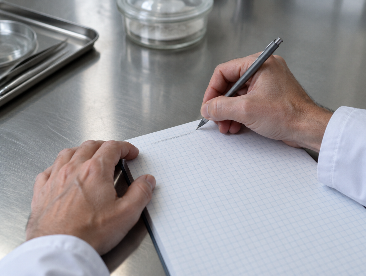 A hand writing in a graph paper notebook on a steel bench, a pen, shallow covered dishes and a glass jar around it.