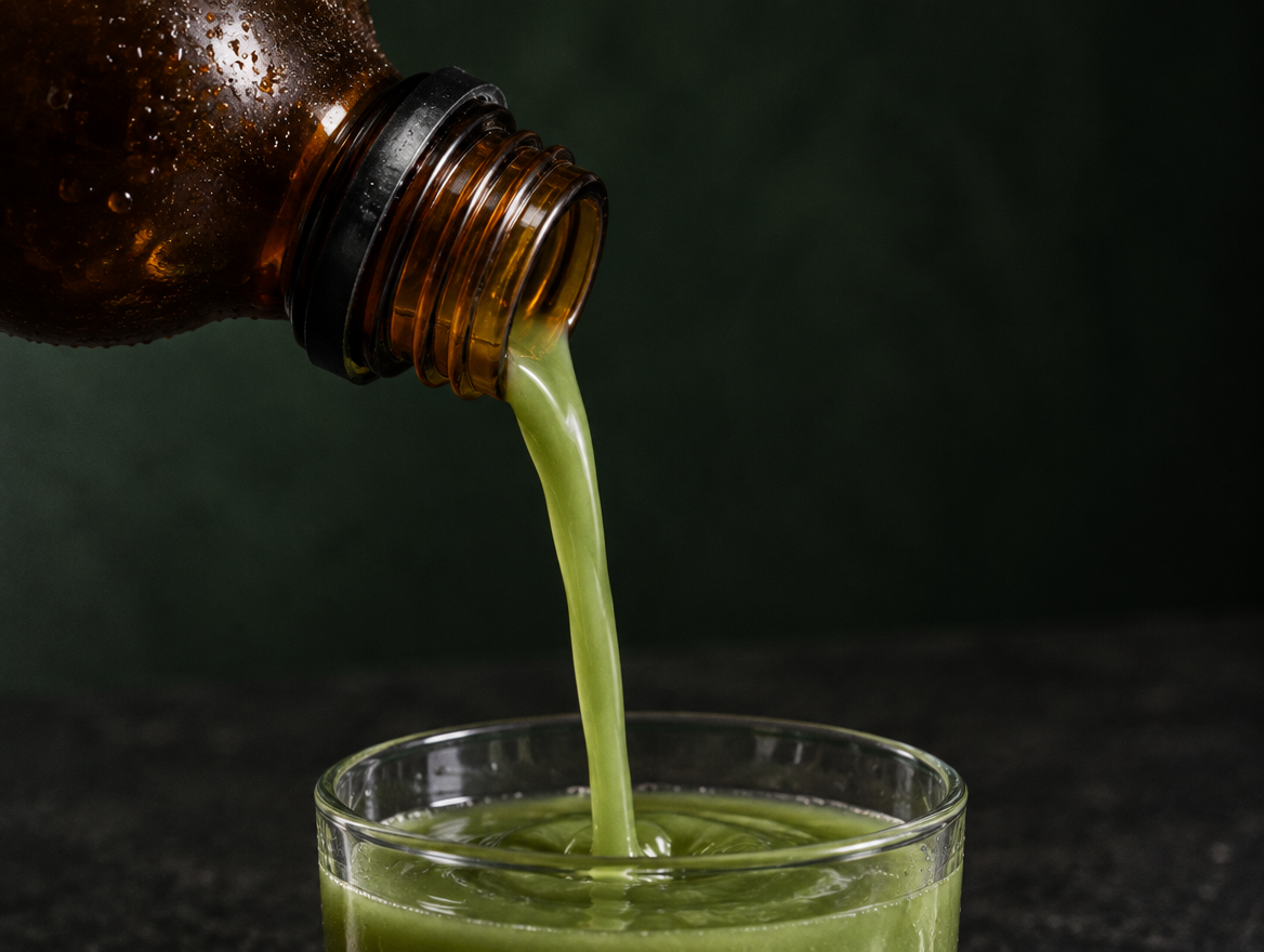 Green juice pouring from a cold amber bottle into a glass, against a deep green ground.