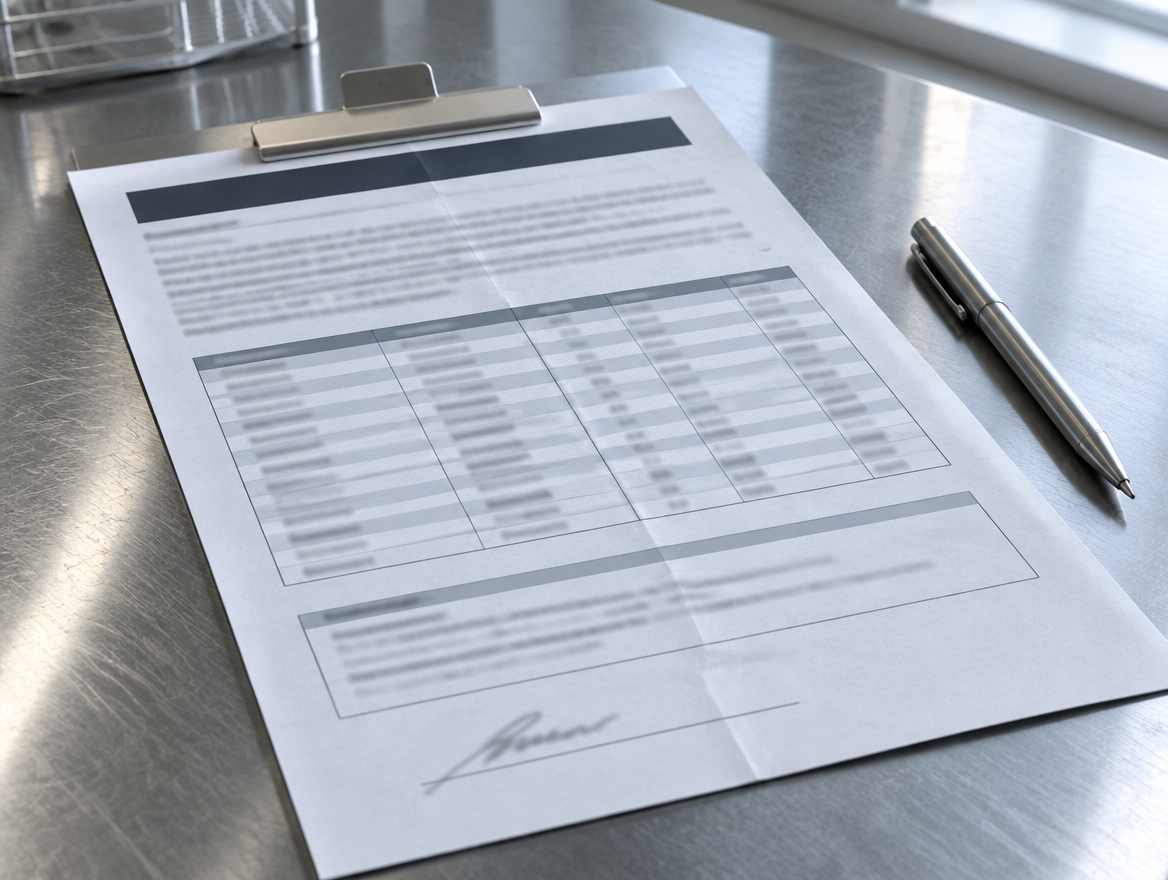 A sheet of laboratory paperwork on a clipboard on a steel bench, signed, with a pen beside it.
