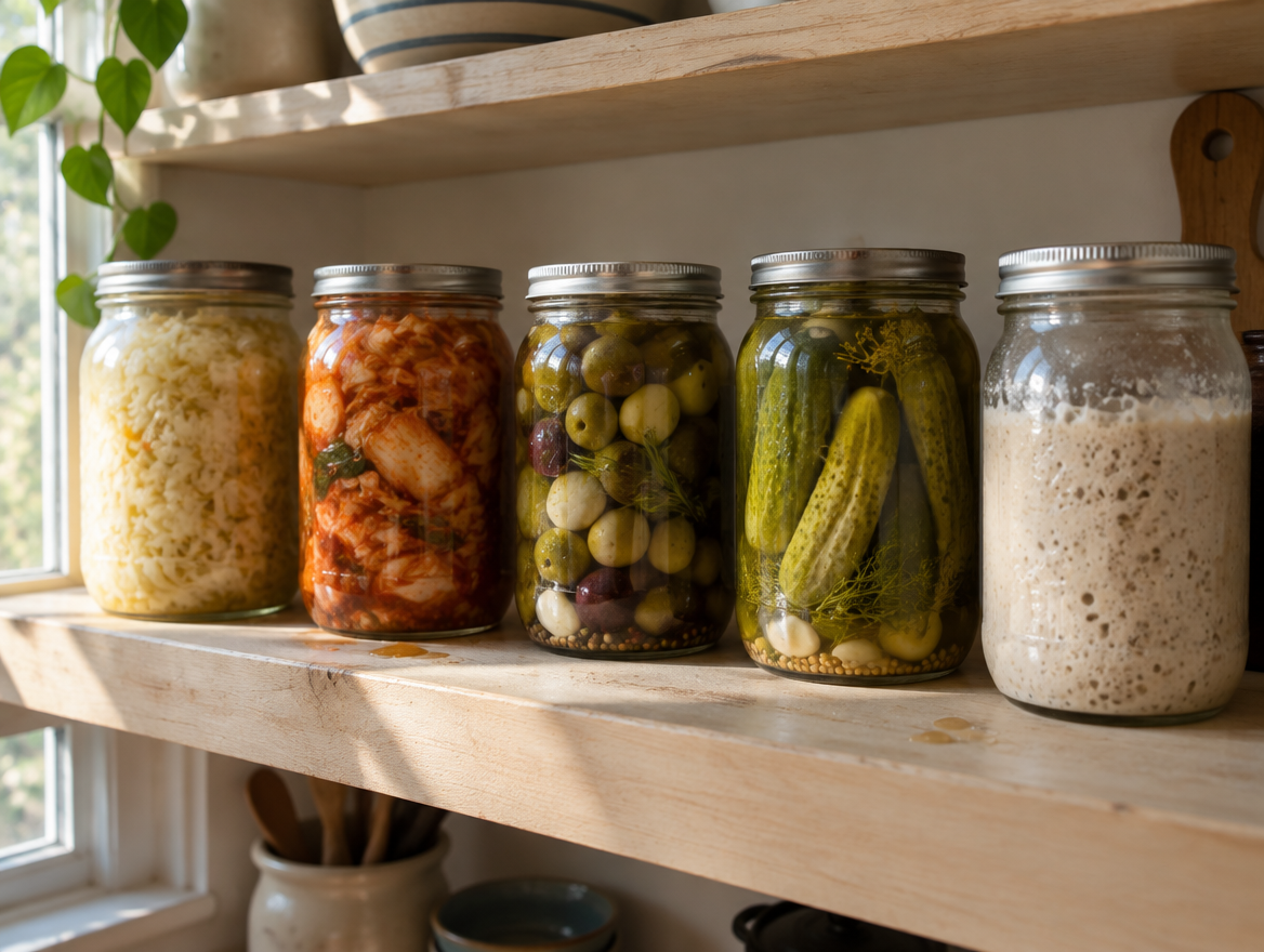 Five glass jars on a wooden shelf holding sauerkraut, kimchi, olives, pickles and a sourdough starter.