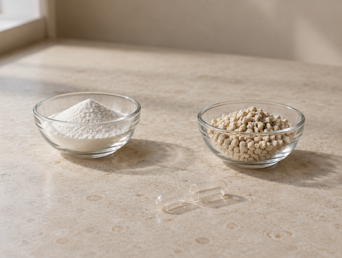 Two small glass dishes set apart on a limestone counter, one holding white powder and one holding dried granules, with an empty capsule shell lying open nearby.