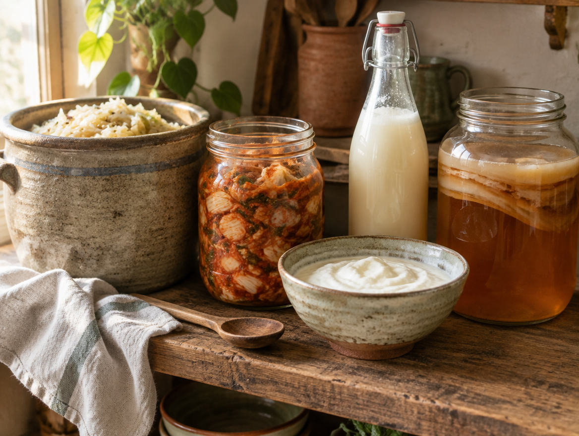 A wooden shelf holding a stone crock of sauerkraut, a jar of kimchi, a bottle of kefir, a bowl of yogurt and a jar of kombucha.