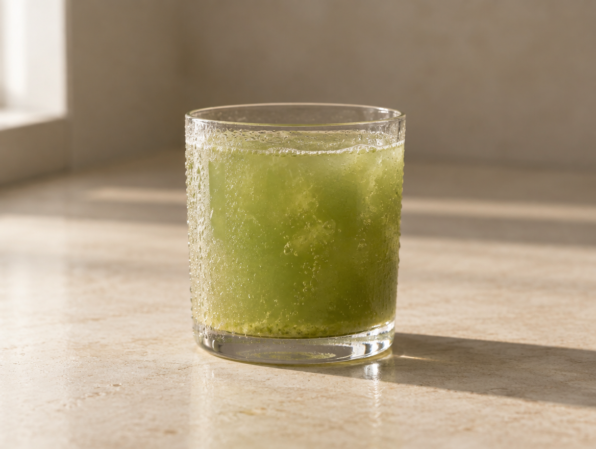 A glass of cloudy green juice on the same limestone counter, fine bubbles and suspended pulp catching the window light.