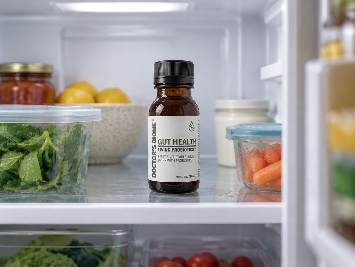 A Doctor's Biome Gut Health bottle standing on a refrigerator shelf beside containers of kale, carrots and tomatoes.