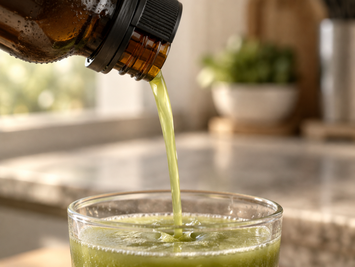 Green juice pouring from an amber bottle into a short glass on a kitchen counter, in morning light.